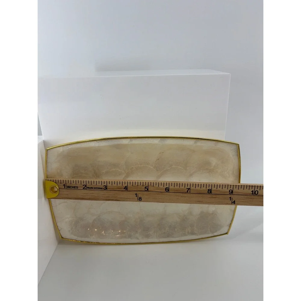 Vintage Capiz Shell Tray Set Gold Rim Iridescent Fruit Embossed 2 Piece‎